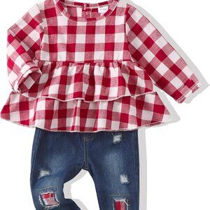 Soft Cotton Blend Red Plaid Denim Outfit for Toddler Girls - 12-18 Months